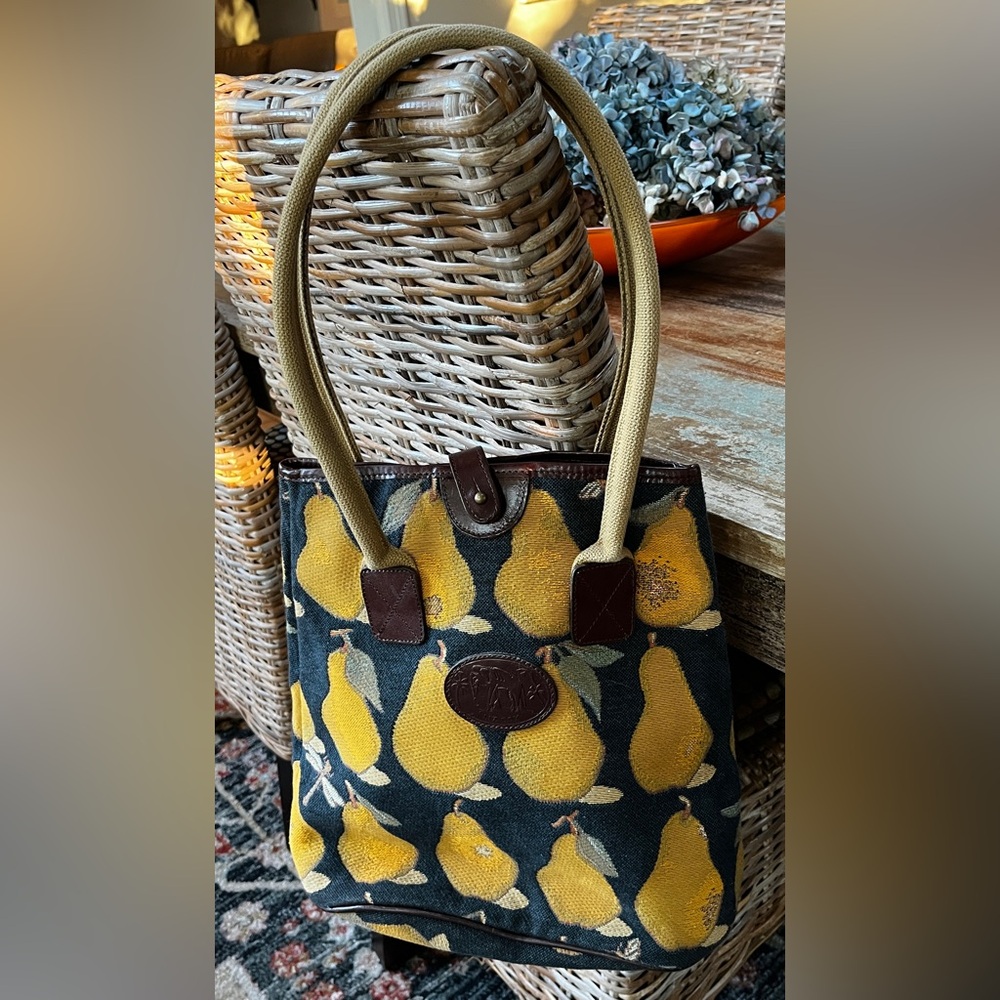 Liz Cox Stylish Pear Print Tapestry, Bag - Yellow and Navy Blue